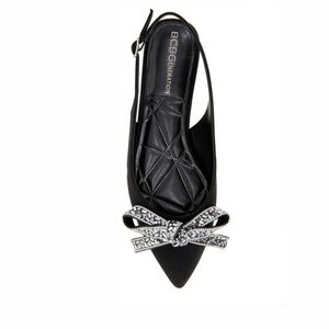 Black Slingback Flats Pointed Toe Embellished Glitter Silver Bow Glam